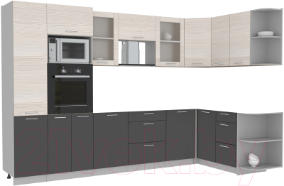 Кухонный гарнитур Интерлиния 1.68x3.2 правая без столешницы (вудлайн кремовый/антрацит) - фото