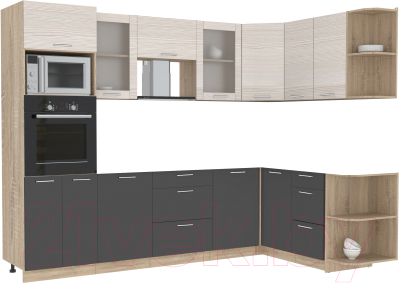Кухонный гарнитур Интерлиния Мила 1.68x2.8 правая без столешницы (вудлайн кремовый/антрацит) - фото