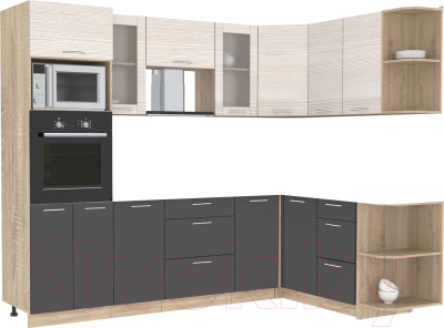 Кухонный гарнитур Интерлиния Мила 1.68x2.6 правая без столешницы (вудлайн кремовый/антрацит) - фото