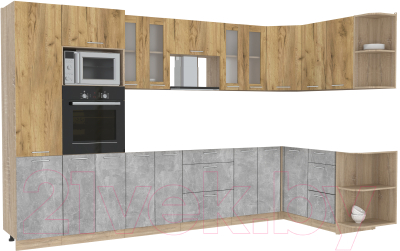 Кухонный гарнитур Интерлиния Мила 1.68x3.4 правая без столешницы (дуб золотой/бетон) - фото