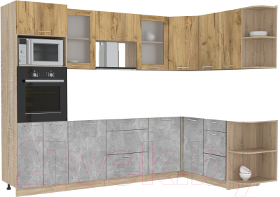 Кухонный гарнитур Интерлиния Мила 1.68x2.8 правая без столешницы (дуб золотой/бетон) - фото