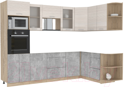 Кухонный гарнитур Интерлиния Мила 1.68x2.8 правая без столешницы (вудлайн кремовый/бетон) - фото