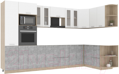 Кухонный гарнитур Интерлиния Мила 1.68x3.4 правая без столешницы (белый платинум/бетон) - фото