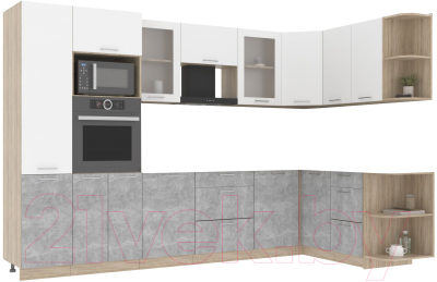Кухонный гарнитур Интерлиния Мила 1.68x3.2 правая без столешницы (белый платинум/бетон) - фото