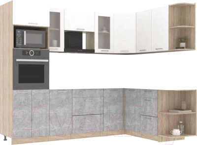 Кухонный гарнитур Интерлиния Мила 1.68x2.6 правая без столешницы (белый платинум/бетон) - фото