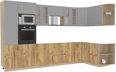 Кухонный гарнитур Интерлиния Мила 1.68x3.4 правая без столешницы (серебристый/дуб золотой) - фото