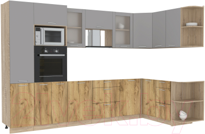 Кухонный гарнитур Интерлиния Мила 1.68x3.2 правая без столешницы (серебристый/дуб золотой) - фото