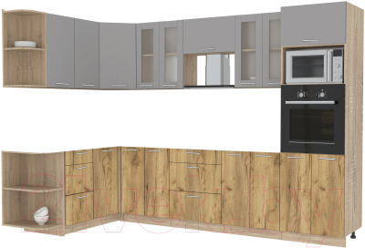 Кухонный гарнитур Интерлиния Мила 1.68x3.0 правая без столешницы (серебристый/дуб золотой) - фото