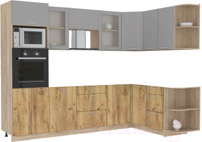 Кухонный гарнитур Интерлиния Мила 1.68x2.8 правая без столешницы (серебристый/дуб золотой) - фото