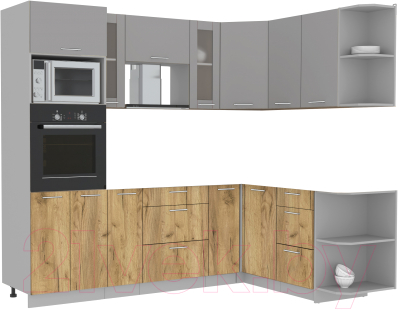 Кухонный гарнитур Интерлиния Мила 1.68x2.4 правая без столешницы (серебристый/дуб золотой) - фото