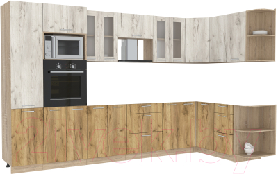 Кухонный гарнитур Интерлиния Мила 1.68x3.4 правая без столешницы (дуб белый/дуб золотой) - фото