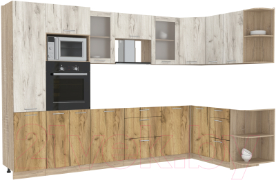 Кухонный гарнитур Интерлиния Мила 1.68x3.2 правая без столешницы (дуб белый/дуб золотой) - фото
