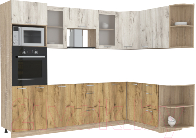 Кухонный гарнитур Интерлиния Мила 1.68x2.8 правая без столешницы (дуб белый/дуб золотой) - фото