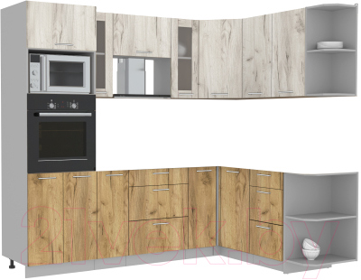 Кухонный гарнитур Интерлиния Мила 1.68x2.4 правая без столешницы (дуб белый/дуб золотой) - фото
