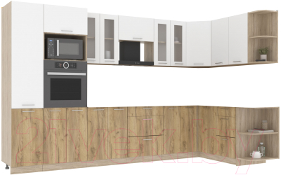 Кухонный гарнитур Интерлиния Мила 1.68x3.4 правая без столешницы (белый платинум/дуб золотой) - фото