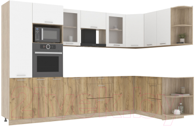Кухонный гарнитур Интерлиния Мила 1.68x3.2 правая без столешницы (белый платинум/дуб золотой) - фото