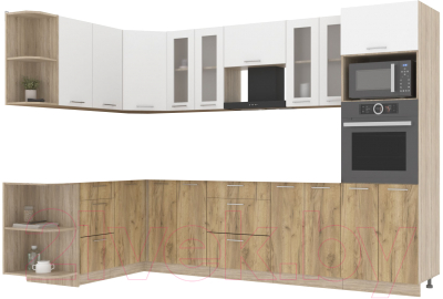 Кухонный гарнитур Интерлиния Мила 1.68x3.0 правая без столешницы (белый платинум/дуб золотой) - фото