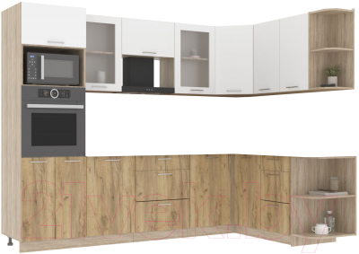 Кухонный гарнитур Интерлиния Мила 1.68x2.8 правая без столешницы (белый платинум/дуб золотой) - фото