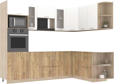 Кухонный гарнитур Интерлиния Мила 1.68x2.6 правая без столешницы (белый платинум/дуб золотой) - фото