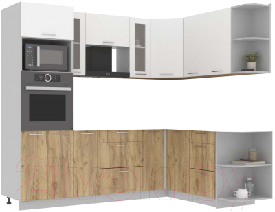 Кухонный гарнитур Интерлиния Мила 1.68x2.4 правая без столешницы (белый платинум/дуб золотой) - фото