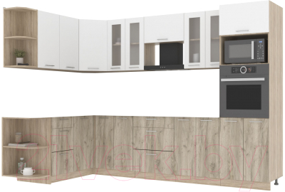 Кухонный гарнитур Интерлиния Мила 1.68x3.0 правая без столешницы (белый платинум/дуб серый) - фото