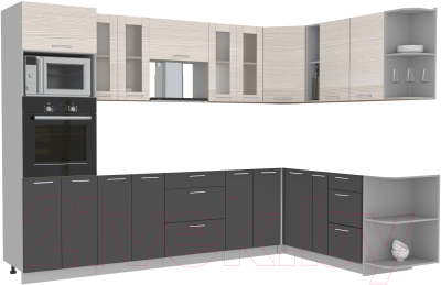 Кухонный гарнитур Интерлиния Мила 1.88x3.0 правая без столешницы (вудлайн кремовый/антрацит) - фото