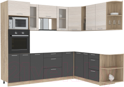 Кухонный гарнитур Интерлиния Мила 1.88x2.6 правая без столешницы (вудлайн кремовый/антрацит) - фото