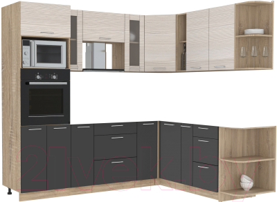 Кухонный гарнитур Интерлиния Мила 1.88x2.4 правая без столешницы (вудлайн кремовый/антрацит) - фото