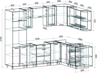 Кухонный гарнитур Интерлиния Мила 1.88x2.6 правая без столешницы (белый платинум)