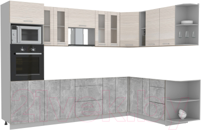 Кухонный гарнитур Интерлиния Мила 1.88x3.0 правая без столешницы (вудлайн кремовый/бетон) - фото
