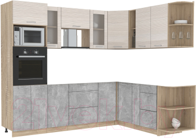 Кухонный гарнитур Интерлиния Мила 1.88x2.6 правая без столешницы (вудлайн кремовый/бетон) - фото