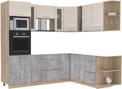 Кухонный гарнитур Интерлиния Мила 1.88x2.4 правая без столешницы (вудлайн кремовый/бетон) - фото