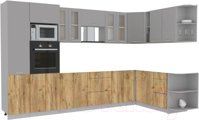 Кухонный гарнитур Интерлиния Мила 1.88x3.4 правая без столешницы (серебристый/дуб золотой) - фото