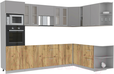 Кухонный гарнитур Интерлиния Мила 1.88x3.0 правая без столешницы (серебристый/дуб золотой) - фото