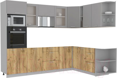 Кухонный гарнитур Интерлиния Мила 1.88x2.8 правая без столешницы (серебристый/дуб золотой) - фото