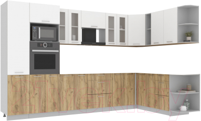 Кухонный гарнитур Интерлиния Мила 1.88x3.4 правая без столешницы (белый платинум/дуб золотой) - фото