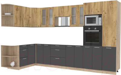 Кухонный гарнитур Интерлиния Мила 1.68x3.4 левая без столешницы (дуб золотой/антрацит) - фото