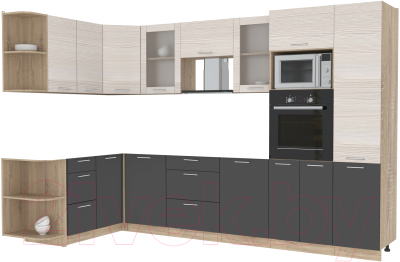 Кухонный гарнитур Интерлиния Мила 1.68x3.2 левая без столешницы (вудлайн кремовый/антрацит) - фото