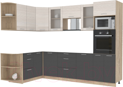 Кухонный гарнитур Интерлиния Мила 1.68x2.8 левая без столешницы (вудлайн кремовый/антрацит) - фото