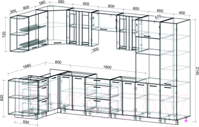 Кухонный гарнитур Интерлиния Мила 1.68x3.4 левая без столешницы (серебристый/антрацит)