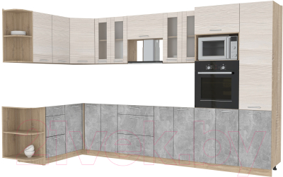 Кухонный гарнитур Интерлиния Мила 1.68x3.4 левая без столешницы (вудлайн кремовый/бетон) - фото