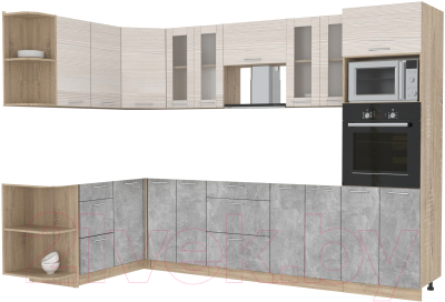 Кухонный гарнитур Интерлиния Мила 1.68x3.0 левая без столешницы (вудлайн кремовый/бетон) - фото