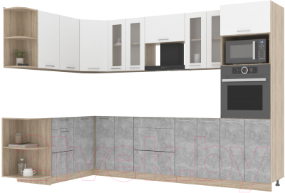 Кухонный гарнитур Интерлиния Мила 1.68x3.0 левая без столешницы (белый платинум/бетон) - фото