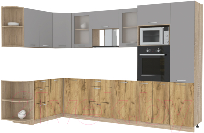 Кухонный гарнитур Интерлиния Мила 1.68x3.2 левая без столешницы (серебристый/дуб золотой) - фото