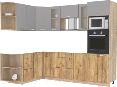 Кухонный гарнитур Интерлиния Мила 1.68x2.6 левая без столешницы (серебристый/дуб золотой) - фото