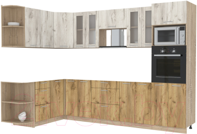 Кухонный гарнитур Интерлиния Мила 1.68x3.0 левая без столешницы (дуб белый/дуб золотой) - фото