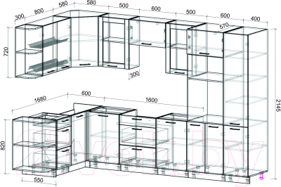 Кухонный гарнитур Интерлиния Мила 1.68x3.2 левая без столешницы (дуб золотой/дуб золотой)