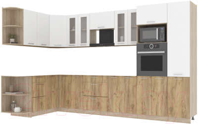 Кухонный гарнитур Интерлиния Мила 1.68x3.4 левая без столешницы (белый платинум/дуб золотой) - фото