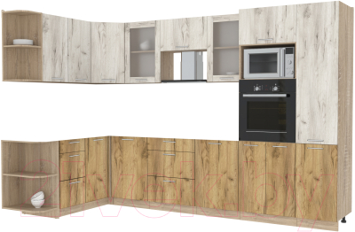 Кухонный гарнитур Интерлиния Мила 1.68x3.2 левая без столешницы (белый платинум/дуб золотой) - фото