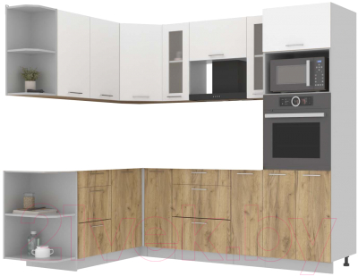 Кухонный гарнитур Интерлиния Мила 1.68x2.4 левая без столешницы (белый платинум/дуб золотой) - фото